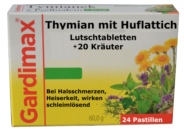 Lutschtabletten, Thymian, hufflatich, schlemlöser, antibakteriell, entkrampfend Bronchien, Atemwege, hustenlöser, hustenbonbons, reizhusten, schleimlöser, hustensaft,